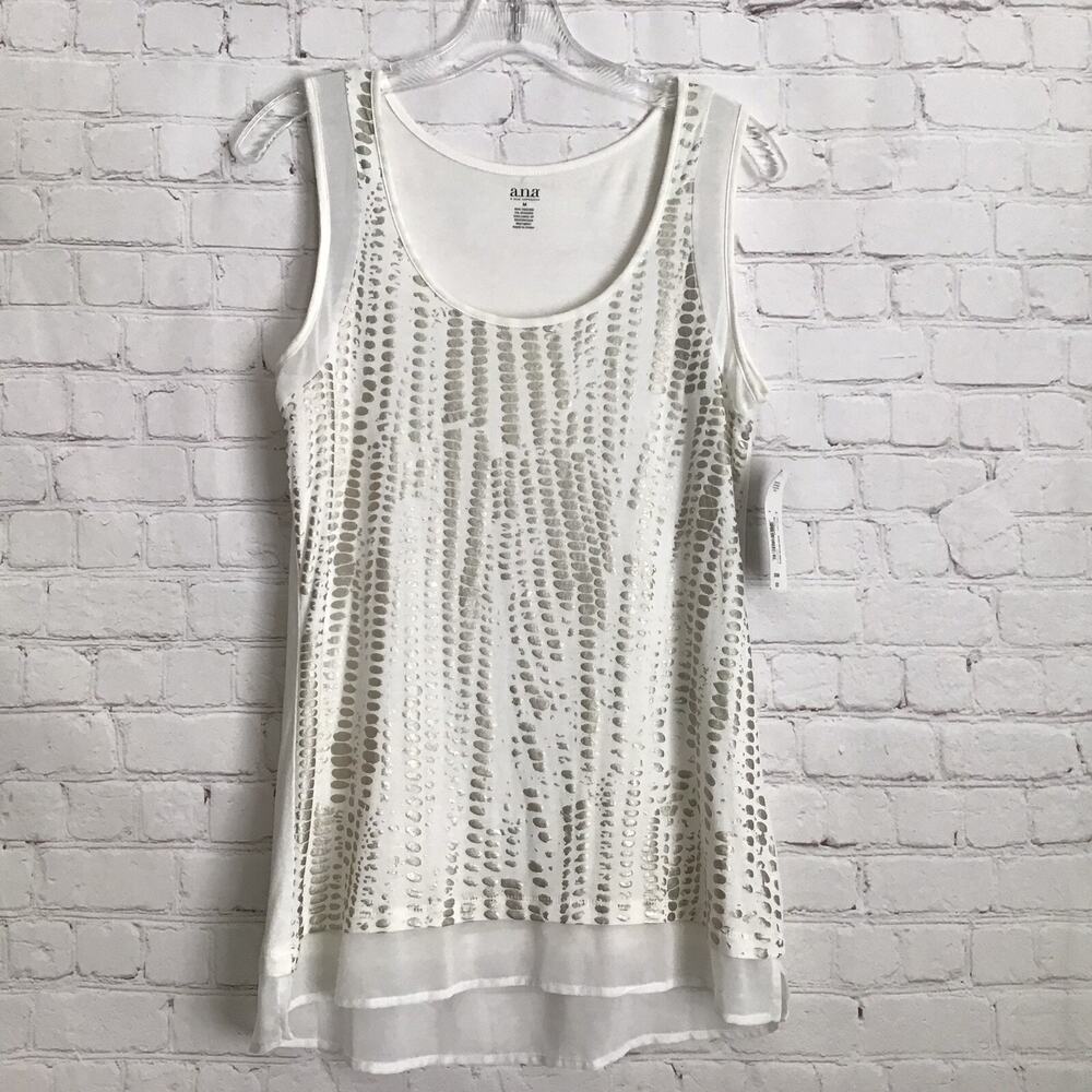 ana Scoop Neck Embellished Semi Sheer Long Tank Medium Snowdrift New with Tags